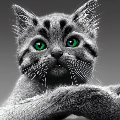 Image similar to full body pose, hyperrealistic photograph of a nightmare kitten, dim volumetric lighting, 8 k, octane beautifully detailed render, extremely hyper detailed, intricate, epic composition, cinematic lighting, masterpiece, trending on artstation, very very detailed, stunning, hdr, smooth, sharp focus, high resolution, award, winning photo, dslr, 5 0 mm