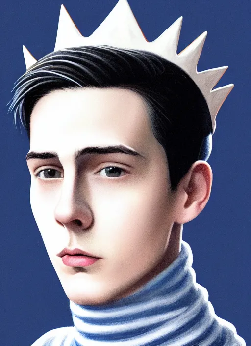 Image similar to portrait of teenage jughead jones wearing a light grey crown, crown, blue turtleneck, 1 9 5 0 s, closed eyes, photorealistic, black hair, glowing lighting, intricate, elegant, glowing lights, highly detailed, digital painting, artstation, concept art, smooth, sharp focus, illustration, art by wlop, mars ravelo and greg rutkowski