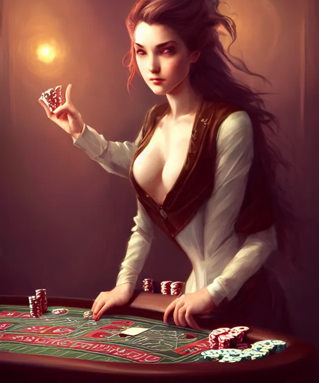 Prompt: gambler playing poker reaching arms out by charlie bowater and titian and artgerm, full body portrait, intricate, face, elegant, beautiful, highly detailed, dramatic lighting, sharp focus, trending on artstation, artstationhd, artstationhq, unreal engine, 4 k, 8 k
