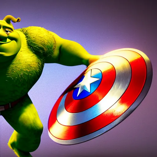 Image similar to digital painting of Shrek as Captain America, octane render, volumetric lightening, by marvel