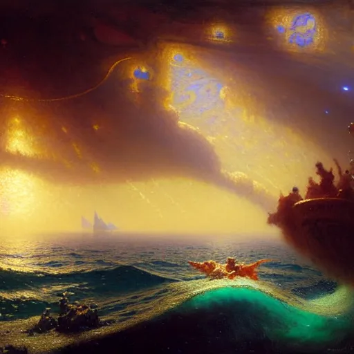 Image similar to point of view of deep in the ocean looking up, you see fishes, the milk way, night time, midnight, no sunlight. highly detailed painting by gaston bussiere, greg rutkowski 8 k