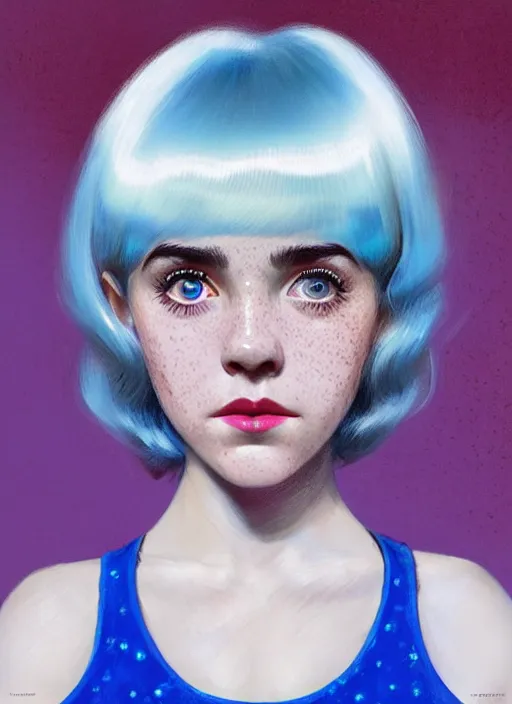 Image similar to portrait of kiernan shipka with freckles, white hair, big 1 9 6 0 s bob hairstyle with bangs and hairband, blue 1 9 6 0 s dress, intricate, elegant, glowing lights, highly detailed, digital painting, artstation, concept art, smooth, sharp focus, illustration, art by wlop, mars ravelo and greg rutkowski