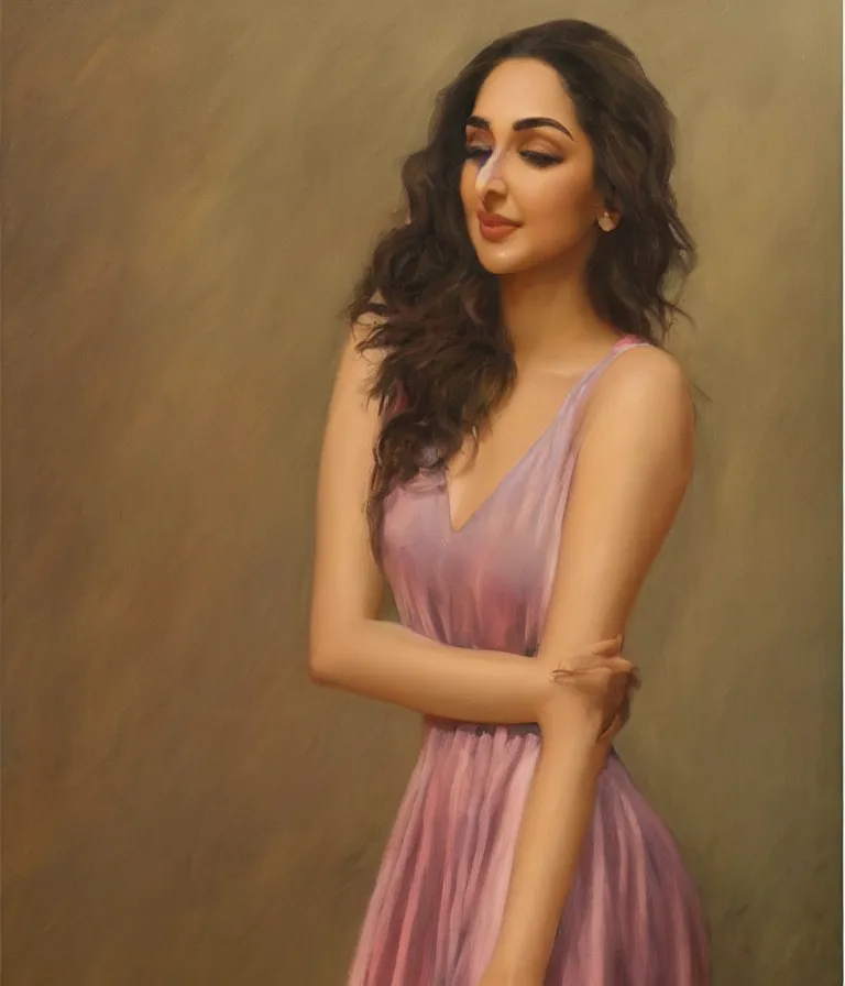 Image similar to Kiara Advani in V-neck dress. history painting, dusk, flowy dress Kiara Advani, artstation, oil on canvas, by Albert Aublet, Private Collection