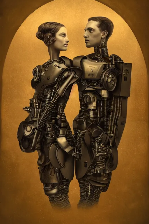 Image similar to a beautiful ultradetailed vintage photo of two cyborgs facing away from each other, by tom bagshaw and anna dittman, couples portrait, vignette, 35mm lens, golden ratio composition, detailed faces, studio photography, very detailed, humanoids, industrial robots, artstation, 8k, highly coherent