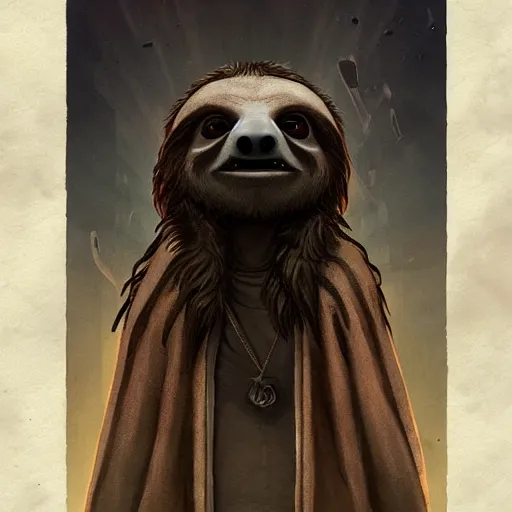 Image similar to unholy sloth, sloth monster, animal sloth, anthropomorphic sloth, demon sloth, demonic robes, dirty matted fur, evil, horror, fire, gloomy mood, ultra details, art by artgerm, dwayne barlowe, trending on artstation and greg rutkowski and alphonse mucha, 8 k