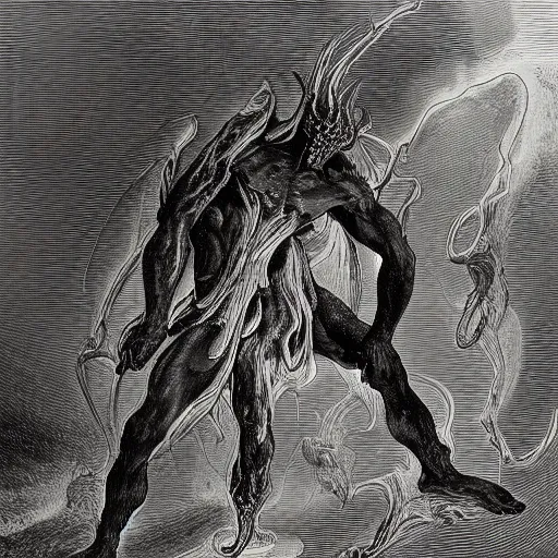 Prompt: full body grayscale drawing by Gustave Dore of horned muscled humanoid demon, engulfed in swirling flames