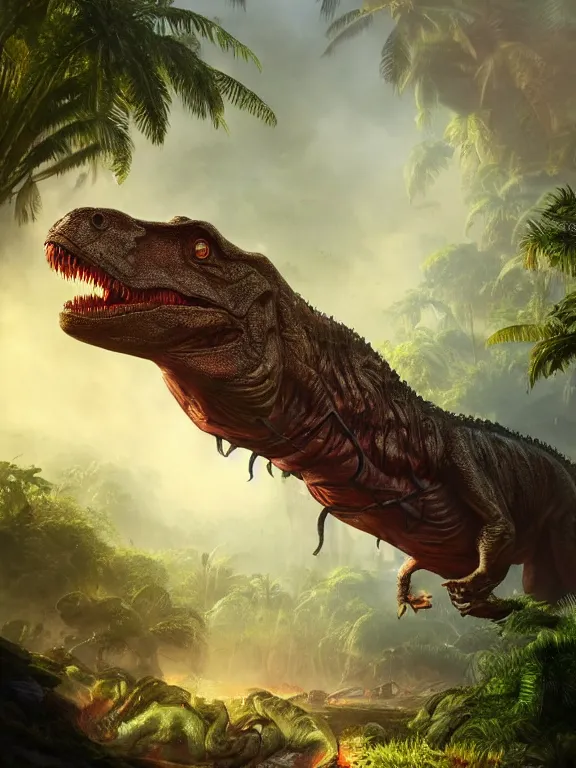 Prompt: photo of 8k ultra realistic Jurassic park, t-rex , full of colour, cinematic lighting, battered, trending on artstation, 4k, hyperrealistic, focused, extreme details,unreal engine 5, cinematic, masterpiece, art by Peter Mohrbacher
