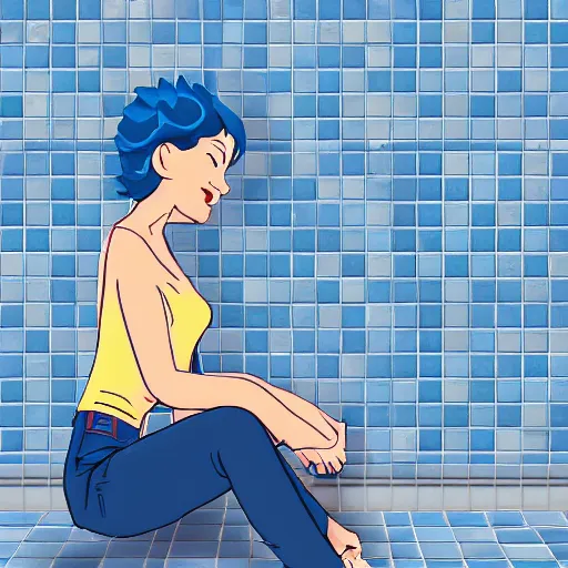 Prompt: short blue haired woman, sitting in tile bathroom, american pop animation style