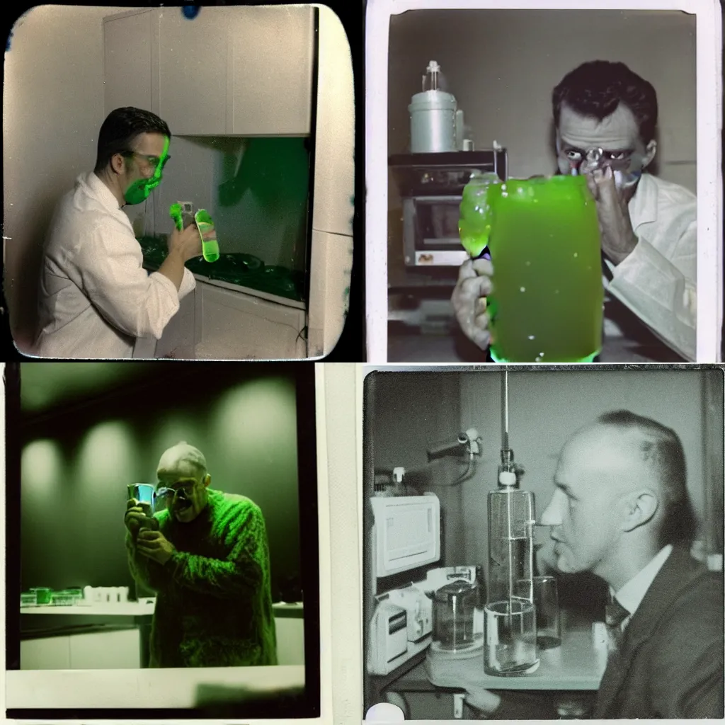 Prompt: A scared man analyzing a glass filled with green boiling slime in a laboratory, polaroide photo