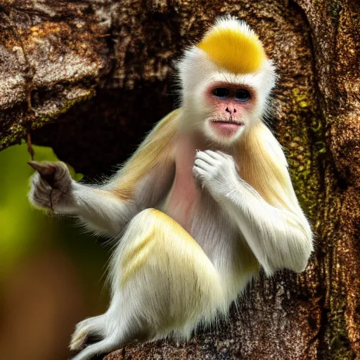 Image similar to snub nosed monkey dissolving into the water, abstract, high detail, jungle