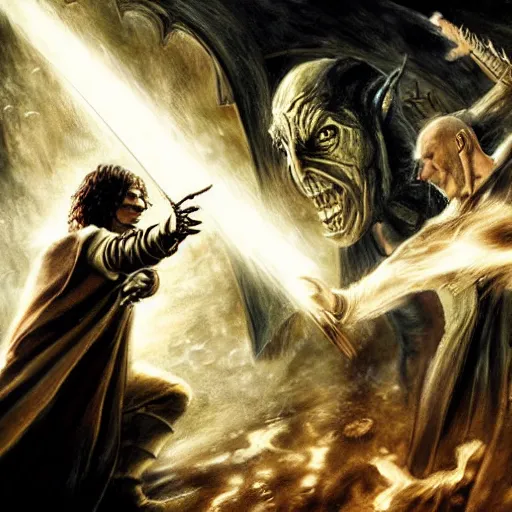 Prompt: Saurom from Lord of the Rings as a wizard in Harry Potter, fighting Lord Voldemort, dramatic lighting, oil painting, highly detailed
