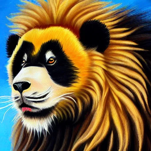 Image similar to profile view of cute fluffy baby panda with long colorful flowing lion mane blowing in the wind with mohawk top hairstyle hybrid animal detailed painting 4 k