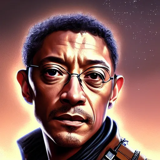 Image similar to portrait giancarlo esposito as han solo, intricate elegant, highly detailed, digital painting, artstation, concept art, smooth, sharp focus, illustration, art by artgerm and greg rutkowski! and, heavily influenced by frank frazetta and boris vallejo, sword and sorcery