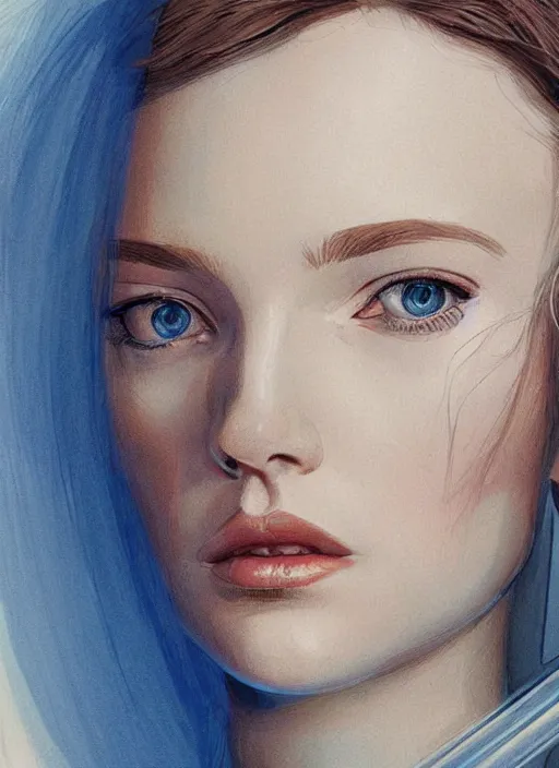 Image similar to a close up on the face of a beautiful woman in a future space suit; highly detailed; pretty blue eyes; pupils; artwork by james jean and Phil noto