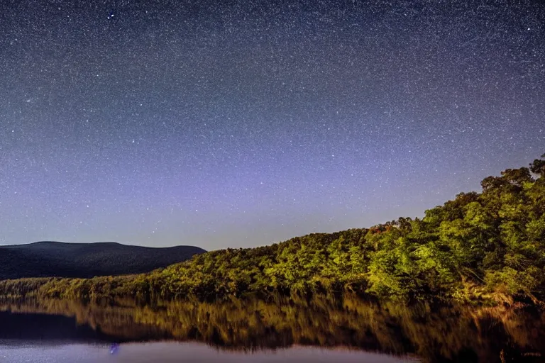 Prompt: beautiful nighttime landscape photography of the Ouachita Mountains with a crystal blue lake, serene, dramatic lighting.