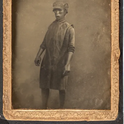 Image similar to Tintype photograph of primitive ready-made displayed in an ethnographic museum, archive material, anthropology, 1920s studio lighting.