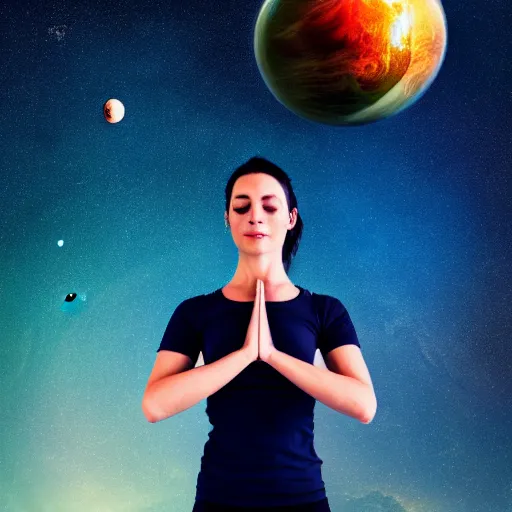 Image similar to yoga instructor holding planet in space, trending high quality art station, cinematic shot, magical colors and atmosphere, perfect composition, coherent, 8 k