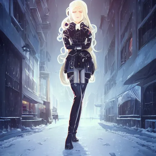 Image similar to portrait of the pale blond soldier Lucius, long curly blond hair, jagged black cyberpunk armor, imperial russian city streets covered in snow, sci fi, night time, ambient lighting, 4k, anime key visual, lois van baarle, ilya kuvshinov, rossdraws, artstation