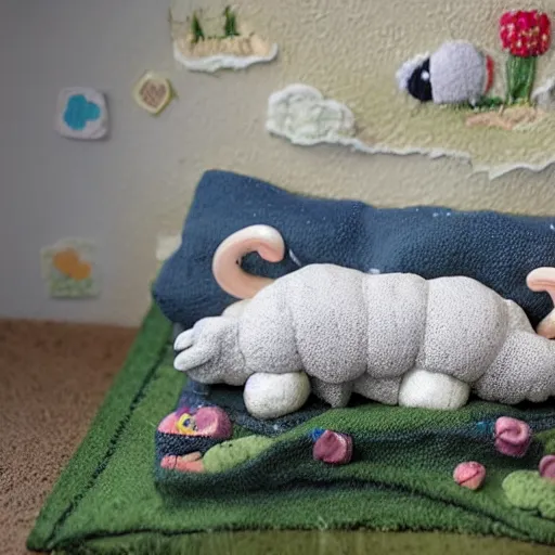 Prompt: 3d diorama of a cute sheep sleeping in a bed covered in quilts while it rains outside