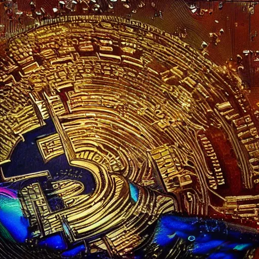 Image similar to a mountain made out of computer screens that display bitcoin logos, cinematic, post - apocalyptic landscape, harsh contrast lighting, in the style of surrealism, made by salvador dali