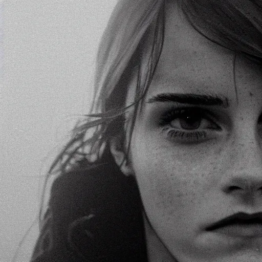 Prompt: photo, close up, emma watson in warehouse, dim light, low light, fog, android cameraphone, snapchat story screenshot, 2 6 mm,