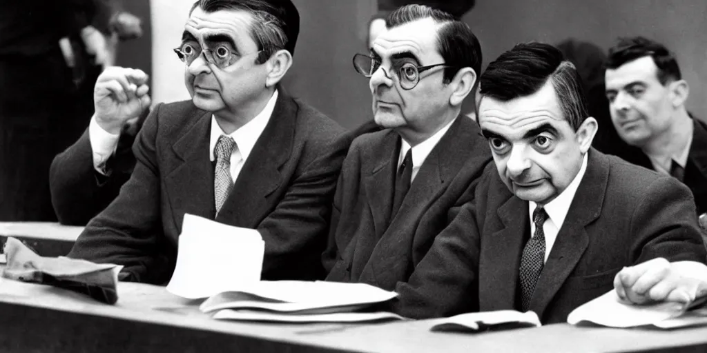 Image similar to Mr Bean (Rowan Atkinson) at the Nuremberg trials 1945, black and white photograph