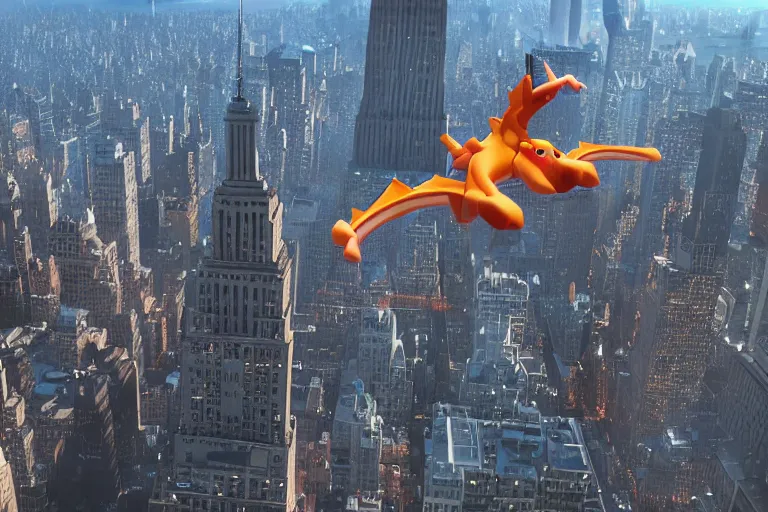 Image similar to charizard flying above new york, still from a pixar movie, high quality 3 d render, movie, pixar, renderman, 4 k, artstation