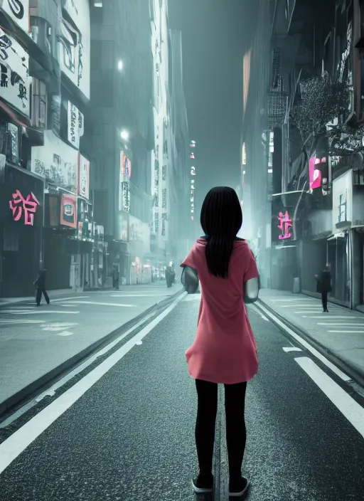 Image similar to portrait of demonic girl with no head, middle of the crowded tokyo street, photorealistic, canon r 3, symmetry, octane render, unreal engine, dramatic lights