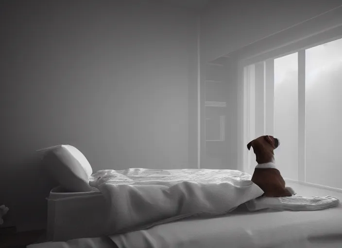 Image similar to photography of a Jack Russel watching outside the window on a bed in a 3d rendered white room, octane render, 3d, foggy, volumetric light, volumetric fog, photorealistic, unreal engine 5