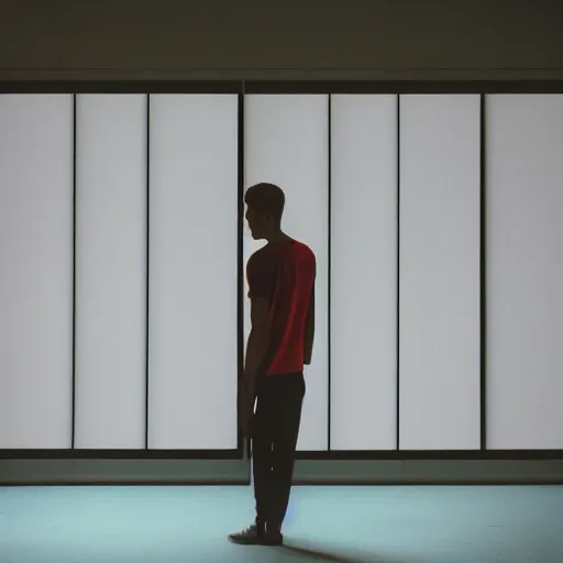 Image similar to kodak portra 4 0 0 photograph of a skinny guy standing in a room with floor to ceiling screens, back view, moody lighting, telephoto, 9 0 s vibe, blurry background, vaporwave colors!, faded!,