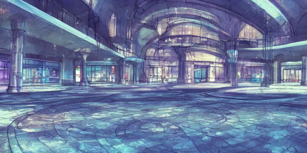 Prompt: abandoned mall at night, a fountain in the middle, subtle wear - and - tear, anime!, award - winning digital art