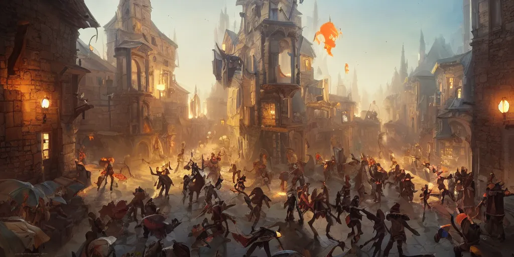 Prompt: a busy fantasy street battle within a fascinating old city, by Sylvain Sarrailh, by Sebastian Luca, by Nicodemus Yang-Mattisson, cinematic, simple but effective composition, clean lines, beautiful digital painting, oil painting, great character design, dungeons and dragons, lord of the rings, exciting, close up character