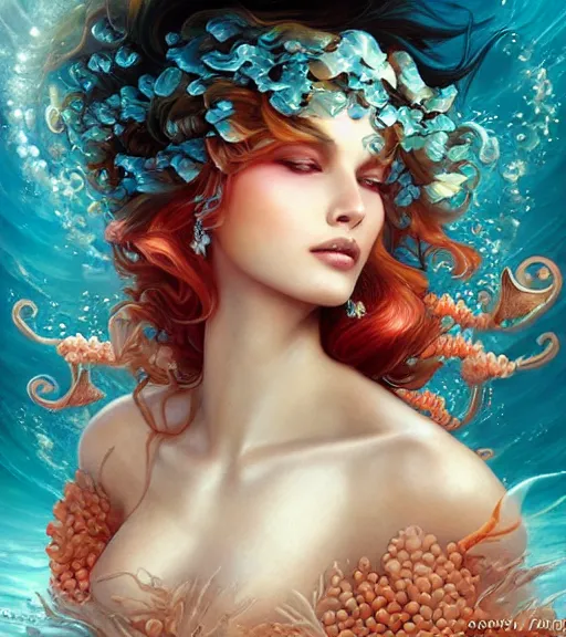 Prompt: goddess of the sea, brilliant coral reef, digital art, portrait by artgerm and karol bak