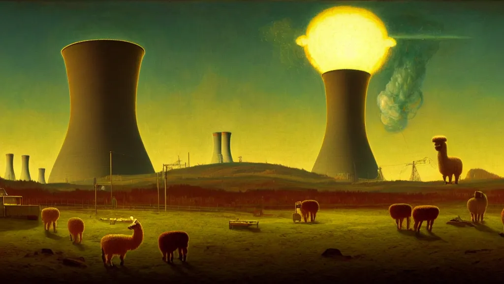 Image similar to A nuclear power plant in utopia by Simon Stålenhag and J.M.W. Turner, oil on canvas<photobomb>Alpaca</photobomb>; Nuclear Fallout, Art Direction by Adam Adamowicz; 4K, 8K Ultra-Realistic Depth Shading; Epic 4k dream drone shots