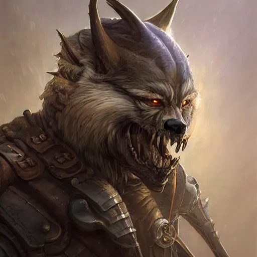 Prompt: portrait, werewolf man, wearing a dark heavy plate armor, sharp claws, rpg game, main character, detailed, digital painting, artstation, sharp focus, illustration, artgerm, tomasz alen kopera, peter mohrbacher, donato giancola, joseph christian leyendecker, wlop, frank frazetta