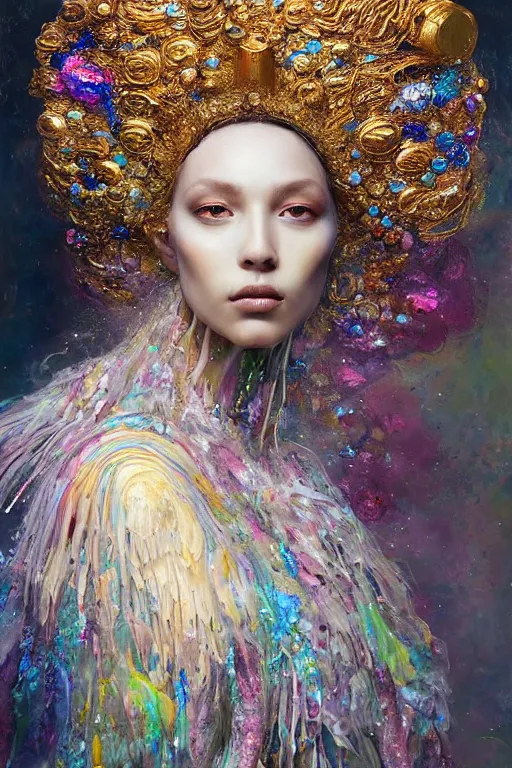Prompt: close - up portrait of very beautiful jewel by irakli nadar with intricate detailed color smashing fluid oil paint and acrylic, headdress made of bones, melting wax, mycelia, abstract impressionism, ruan jia, fantasy, hyper detailed, concept art, by peter mohrbacher and gustav klimt,