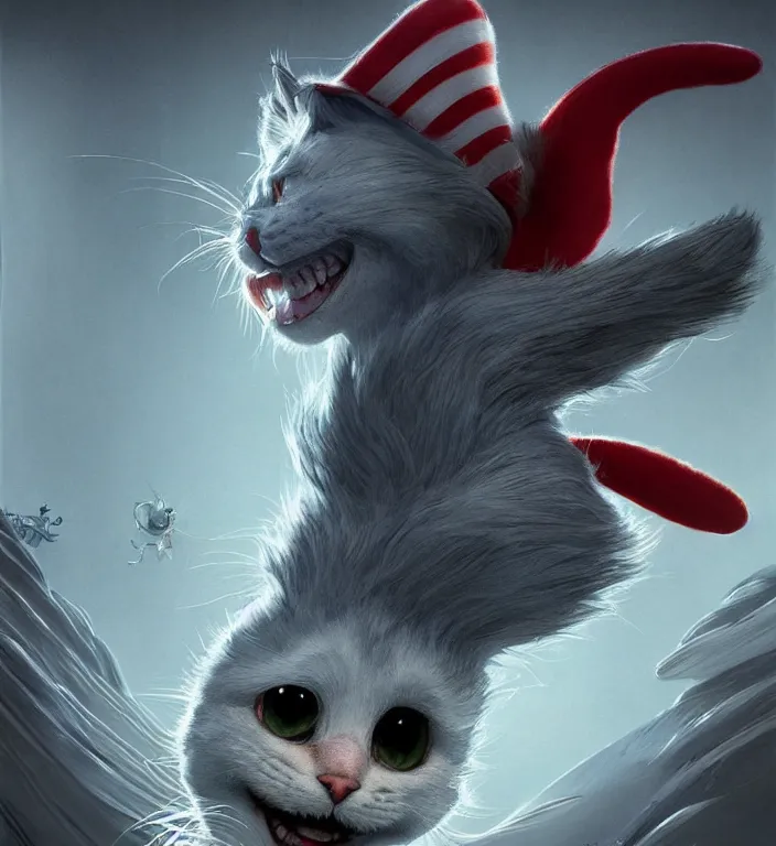 Prompt: complex 3 d render, hyper detailed, ultra sharp, of the cat in the hat, scary, trippy, cinematic, natural soft light, rim light, art by greg rutkowski and artgerm and android jones, dr seuss