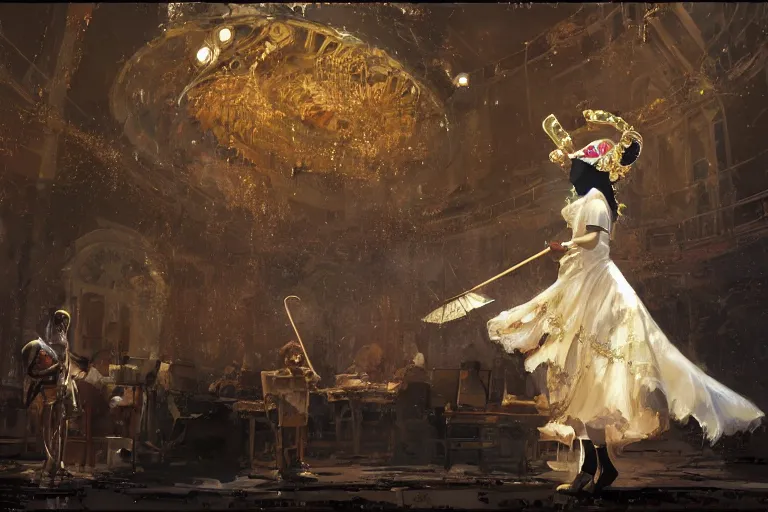 Image similar to craig mullins and ghibli digital art of on the stage of the theater, a masked female violinist performs alone, dressed in exotic costumes, gold jewelry, and black hair realistic shading, cinematic composition, realistic render, octane render, detailed textures, photorealistic, wide shot