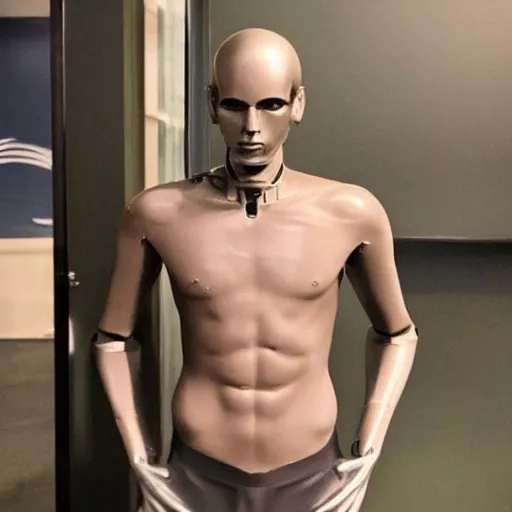 Image similar to “a realistic detailed photo of a guy who is an attractive humanoid who is half robot and half humanoid, who is a male android, twitch streamer and youtuber Ludwig Ahgren, shiny skin, posing like a statue, blank stare”