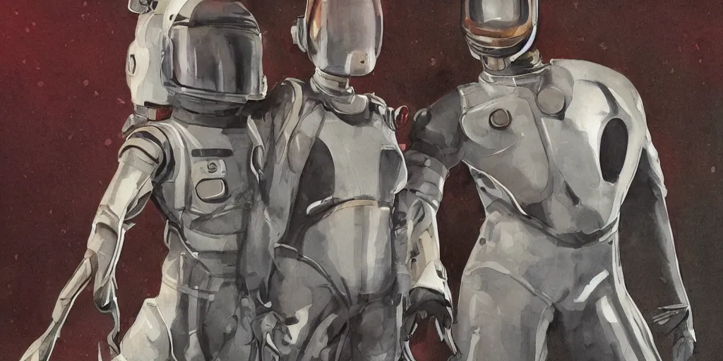 Image similar to female, full body, wide shot, modern space suit, intriguing helmet, stylized character design, the expanse tv series, large shoulders, short torso, long thin legs, tiny feet, science fiction, hyperdetailed, technical suit, dieselpunk, watercolor digital painting, in the style of bruce timm, by alex maleev