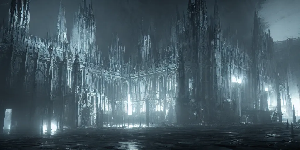 Image similar to grimdark tsutomu nihei aposimz gothic cathedral city, unreal engine, 8 k, ultra realistic, ultra detail