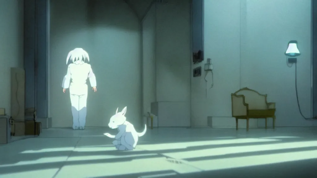 Image similar to a white rabbit waits in front of volumetric light, anime film still from the an anime directed by Katsuhiro Otomo with art direction by Salvador Dalí, wide lens