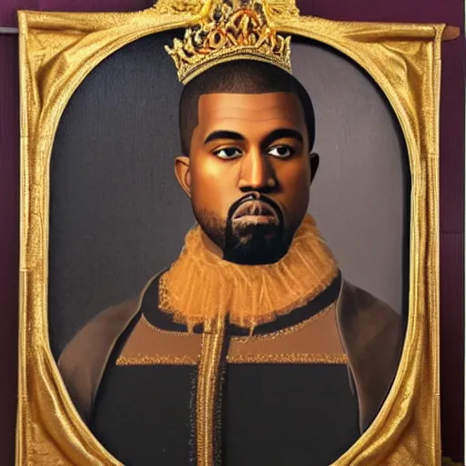 Image similar to a renaissance style portrait painting of kanye west wearing a crown