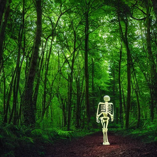 Prompt: a skeleton walking through an illuminated forest