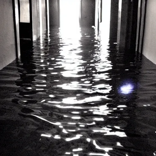 Image similar to a flooded creepy empty basement hallway with a mannequin in the water, craigslist photo
