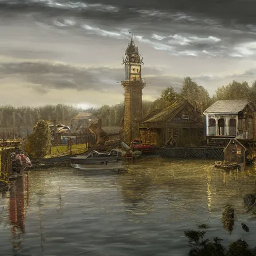 Prompt: concept art of a victorian town on the edge of a lake. Digital art. Realistic. Highly detailed.