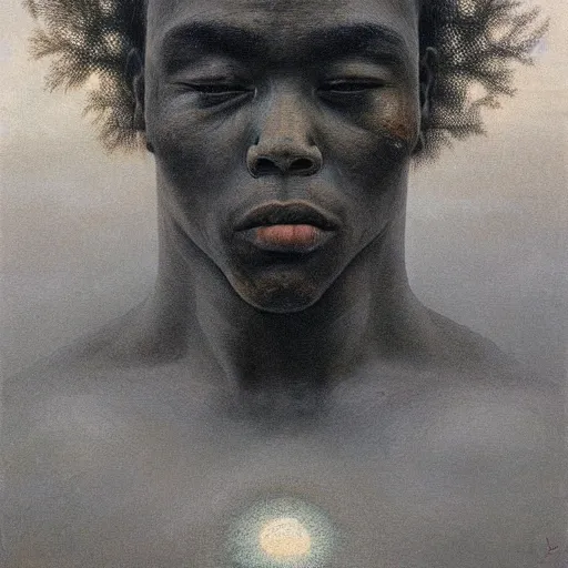 Image similar to portrait of burna boy, painting by zdzislaw beksinski,