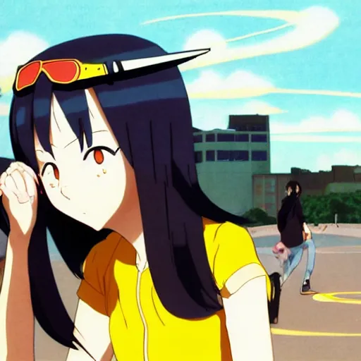 Prompt: black - haired girl with bob cut, forehead, short bangs, side profile, cel - shaded, cel - shading, 2 0 0 1 anime, flcl, jet set radio future, strong shadows subsurface scattering, cel shaded