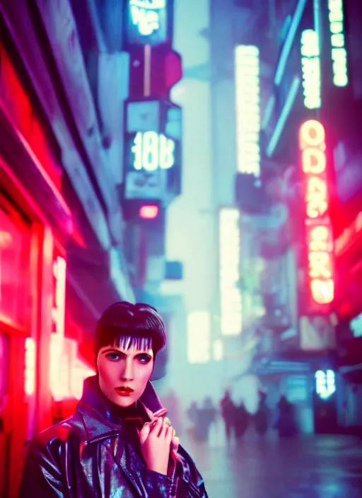 Image similar to A hyper realistic and detailed head portrait photography of a Rachael of Blade Runner on a futuristic street. by David Dubnitskiy. Neo noir style. Cinematic. neon lights glow in the background. Cinestill 800T film. Lens flare. Helios 44m