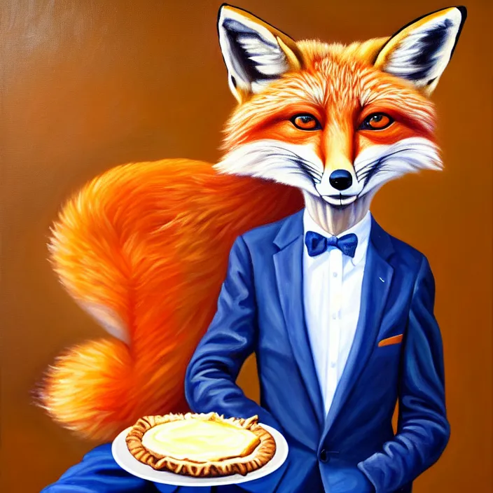 Prompt: a painting of a photorealistic anthropomorphic male red fox in a nice suit eating a slice of blueberry pie, oil on canvas, soft lighting, vivid colors